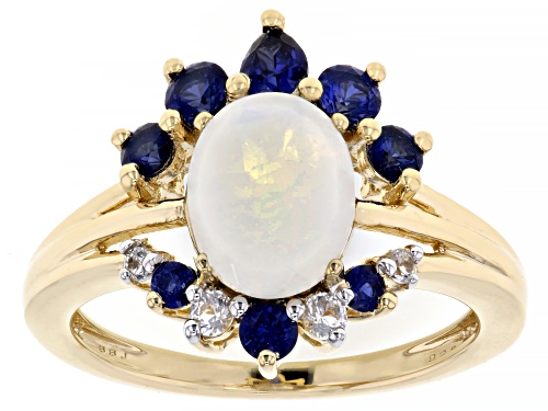 9x7mm Rainbow Moonstone, 0.91ctw Lab Blue & White Sapphire 18k Yellow Gold Over Sterling Silver Ring - Size 10