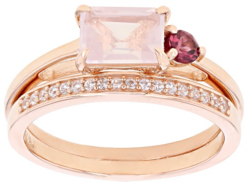 7x5mm Rose Quartz, 0.22ctw Rhodolite & White Zircon 18k Rose Gold Over Sterling Silver Ring Set - Size 9