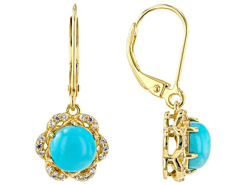 7x7mm Sleeping Beauty Turquoise with 0.08ctw White Zircon 18k Yellow Gold Over Silver Earrings