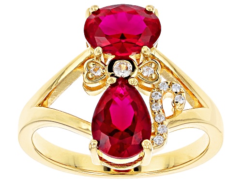 2.85ctw Lab Created Ruby With 0.12ctw White Zircon 18k Yellow Gold Over Sterling Silver Cat Ring - Size 9