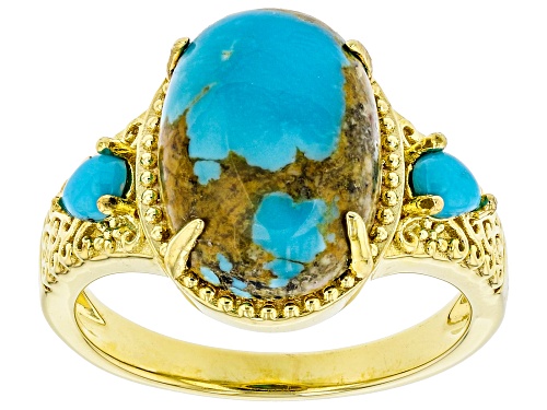 Photo of 14x10mm Kingman Turquoise & 4x3mm Sleeping Beauty Turquoise 18k Yellow Gold Over Silver Ring - Size 8