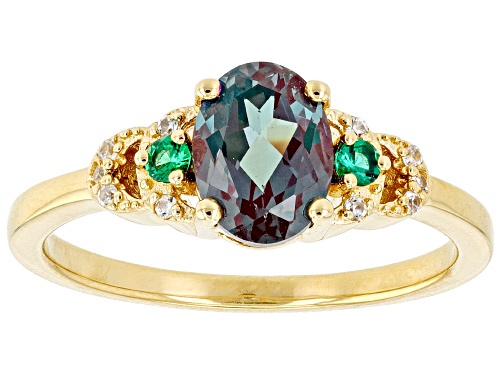 1.15ct Lab Alexandrite, 0.09ctw Lab Emerald, 0.12ctw White Zircon 18k Yellow Gold Over Silver Ring - Size 9
