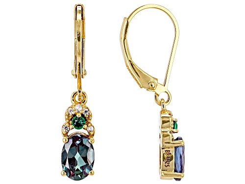 1.70ctw Lab Alexandrite, .09 Lab Emerald, .07ctw White Zircon 18k Yellow Gold Over Silver Earrings