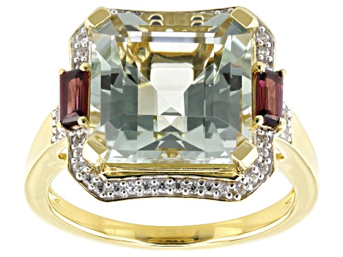 5.31ct Prasiolite, 0.29ctw Rhodolite, 0.30ctw White Zircon 18k Yellow Gold Over Sterling Silver Ring - Size 10