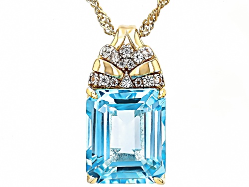 6.40ct Sky Blue Topaz, 0.10ctw White Zircon 18k Yellow Gold Over Sterling Silver Pendant With Chain