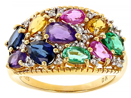 3.21ctw Multi Color Sapphire With 0.18ctw White Zircon 18k Yellow Gold Over Sterling Silver Ring - Size 7