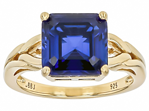 5.57ct Asscher Cut Lab Created Blue Sapphire 18k Yellow Gold Over Sterling Silver Ring - Size 10