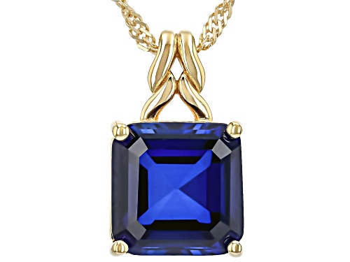 5.57ct Asscher Cut Lab Created Blue Sapphire 18k Yellow Gold Over Sterling Silver Pendant With Chain