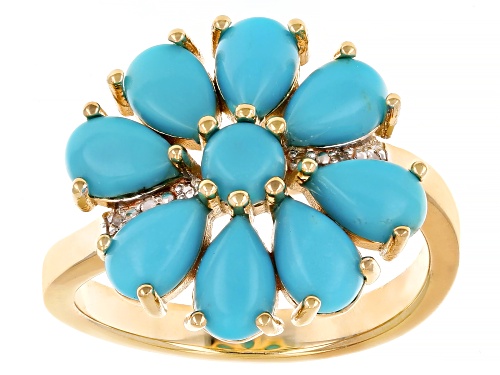 Sleeping Beauty Turquoise With 0.02ctw Diamond Accent 18k Yellow Gold Over Silver Flower Ring - Size 8