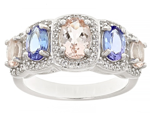 0.87ctw Morganite, 0.76ctw Tanzanite, 0.56ctw White Zircon Rhodium Over Sterling Silver Ring - Size 9