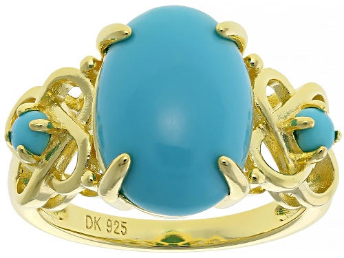 3mm And 14x10mm Sleeping Beauty Turquoise 18k Yellow Gold Over Sterling Silver Ring - Size 9