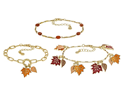 Whimsical Wishes™ Multi-Color Enamel & Crystal Gold Tone Fall Foliage Charm Bracelet Set of 3 - Size 7