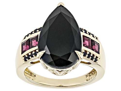 6.88ctw Black Spinel With 0.68ctw Rhodolite 18k Yellow Gold Over Sterling Silver Ring - Size 7