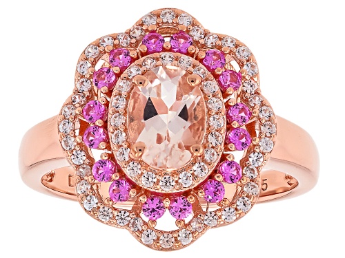 0.60ct Morganite, 0.27ctw Lab Pink Sapphire, 0.20ctw Zircon 18k Rose Gold Over Sterling Silver Ring - Size 9