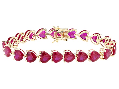 44.97ctw Heart Shape Lab Created Ruby 18k Yellow Gold Over Sterling Silver Bracelet - Size 8