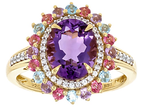 2.91ctw Canela Amethyst, Pink & Blue Topaz, White Zircon 18k Yellow Gold Over Sterling Silver Ring - Size 8