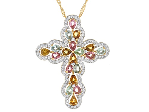 2.54ctw Multi Color Tourmaline With 1.35ctw Zircon 18K Yellow Gold Over Silver Pendant With Chain