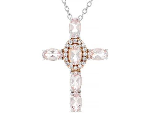 1.12ctw Morganite, Zircon Two Tone Rhodium, 14k Rose Gold Over Sterling Silver Pendant W/Chain