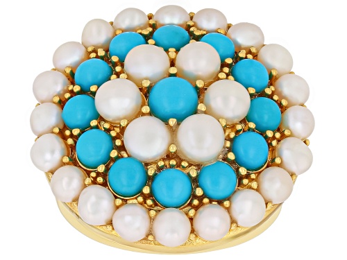 Sleeping Beauty Turquoise With Cultured Seed Pearl 18k Yellow Gold Over Sterling Silver Ring - Size 7