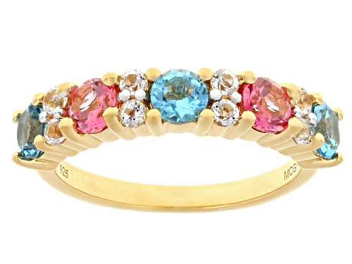 .77ctw Swiss Blue Topaz with 0.80ctw Pink & White Topaz 18k Yellow Gold Over Sterling Silver Ring - Size 8