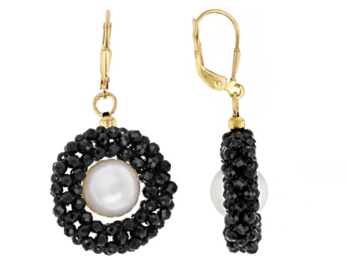 Rondelle Black Spinel With Cultured Freshwater Pearl 18k Yellow Gold Over Sterling Silver Earrings