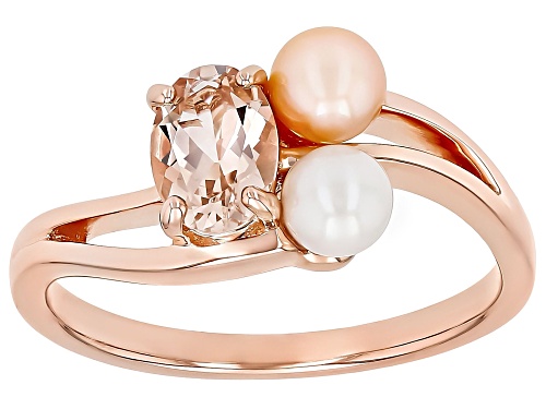 0.64ct Morganite With 4mm Peach & White Cultured Freshwater Pearl 18k Rose Gold Over Silver Ring - Size 9