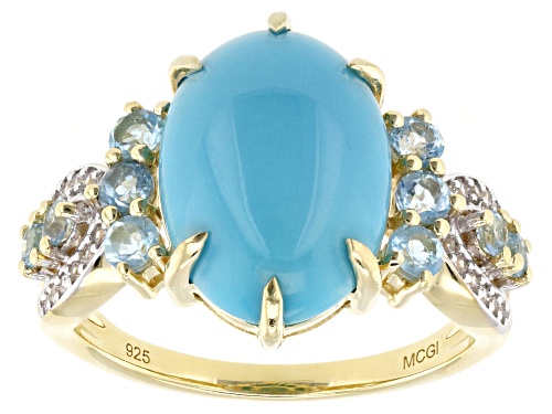 14x10mm Sleeping Beauty Turquoise with 0.68ctw Blue Topaz & White Zircon 18k Gold Over Silver Ring - Size 10