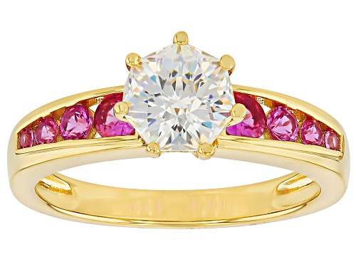 1.80ct Heptagon Strontium Titanate With 0.54ctw Lab Pink Sapphire 18k Yellow Gold Over Silver Ring - Size 10