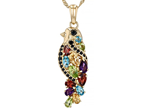 4.04ctw Multi-Gem 18k Yellow Gold Over Sterling Silver Bird Pendant With Chain