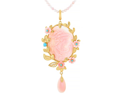 Conch Shell, Sleeping Beauty Turquoise & White Zircon 18k Yellow Gold Over Silver Pendant/Chain