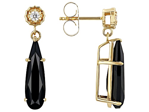 5.10ctw Black Spinel With 0.14ctw Moissanite Fire® 18k Yellow Gold Over Sterling Silver Earrings