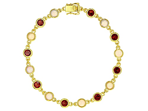 2.40ctw Ethiopian Opal, 3.74ctw Red Garnet 18k Yellow Gold Over Sterling Silver Bracelet - Size 7.25