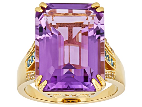 12.60ct Canela Amethyst with 0.28ctw Prazana® Lab-Grown Diamond & Zircon 18k Gold Over Silver Ring - Size 8