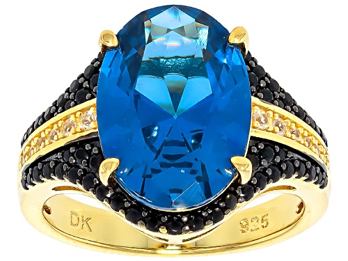 5.52ct Lab Blue Spinel With 0.59ctw Black Spinel & Lab White Sapphire 18K Gold Over Silver Ring - Size 9
