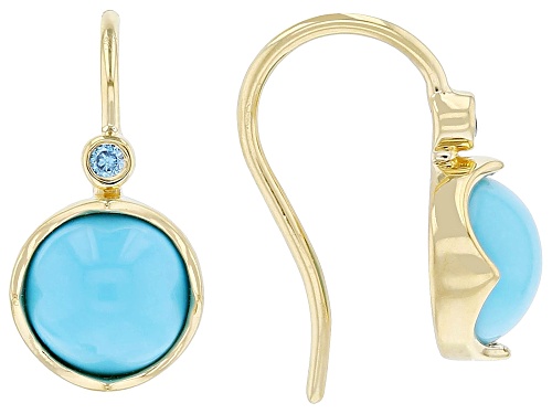 7mm Sleeping Beauty Turquoise With .02ctw Prazana® Lab Diamond 18k Yellow Gold Over Silver Earrings