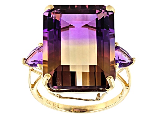 20.39ct Emerald Cut Ametrine With .68ctw Trillion African Amethyst 14k Yellow Gold Ring - Size 7