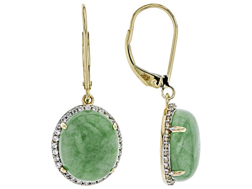 12x10mm Oval Green Jadeite With .55ctw Round White Zircon 14k Yellow Gold Dangle Earrings