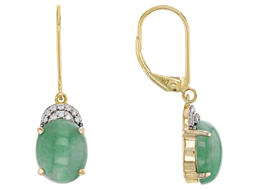 Photo of 10X8mm Oval Green Jadeite With .09ctw Round White Diamond 14k Yellow Gold Dangle Earrings