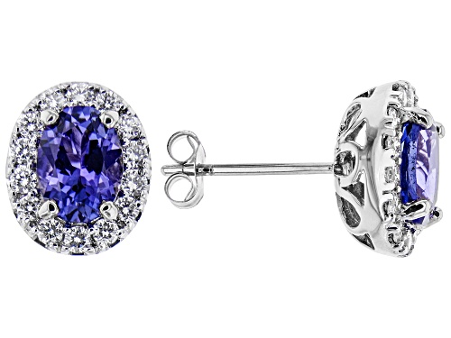 Photo of 1.28ctw Oval Tanzanite With .39ctw Round White Diamonds Rhodium Over 18k White Gold Stud Earrings
