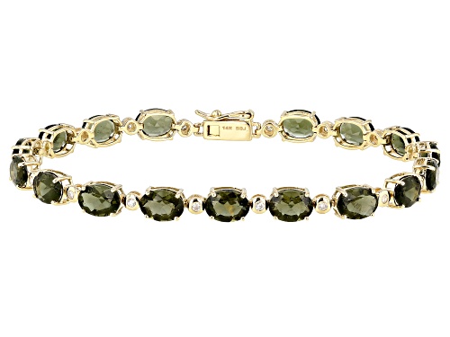 8.96ctw Oval Moldavite with .26ctw Round White Diamonds 14k Yellow Gold Bracelet - Size 7.25