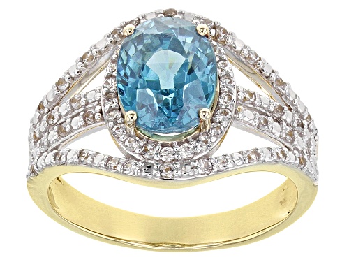 Photo of 2.58ct Oval Blue Zircon With 0.38ctw Round White Zircon 14k Yellow Gold Ring - Size 8