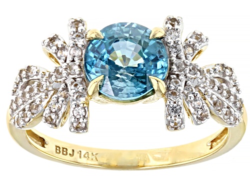 Photo of 1.53ct Round Blue Zircon With 0.36ctw Round White Zircon 14k Yellow Gold Ring - Size 8