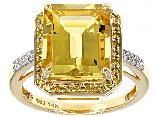 Photo of 4.67ct Octagonal Rectangular Yellow Beryl With 0.18ctw Yellow & White Diamond 14k Yellow Gold Ring - Size 7.5