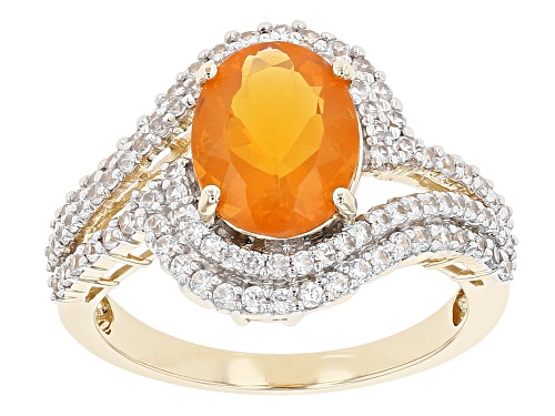 1.45ct Oval Mexican Fire Opal With 0.81ctw Round White Zircon 14k Yellow Gold Ring - Size 7