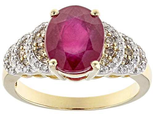Photo of 2.74ct Oval Mahaleo® Ruby With 0.24ctw Round White And Champagne Diamonds 14k Yellow Gold Ring - Size 9
