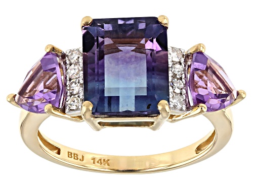 Photo of 3.59ct Bi-Color Fluorite With 1.19ctw Amethyst & 0.11ctw White Diamond 14k Yellow Gold Ring - Size 9