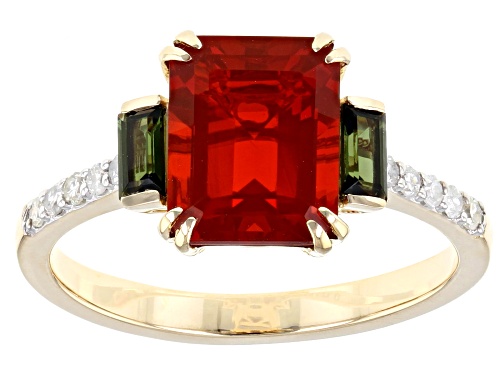 1.44ct Mexican Fire Opal, 0.21ctw Green Tourmaline And 0.11ctw White Diamond 14k Yellow Gold Ring - Size 8