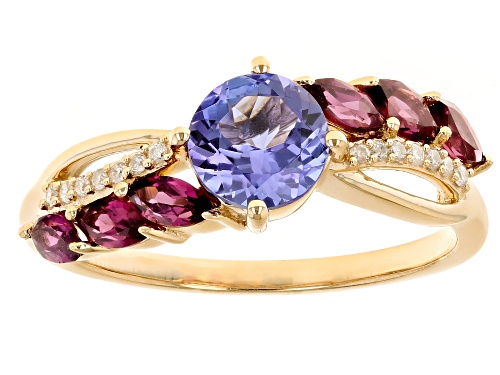 0.72ct Tanzanite with 0.61ctw Grape Color Garnet And 0.04ctw White Diamond 14k Yellow Gold Ring - Size 8