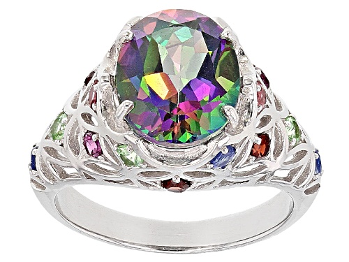 3.82ct Oval Mystic Fire® Green Topaz And .57ctw Round Multi Gem Rhodium Over Silver Ring - Size 7