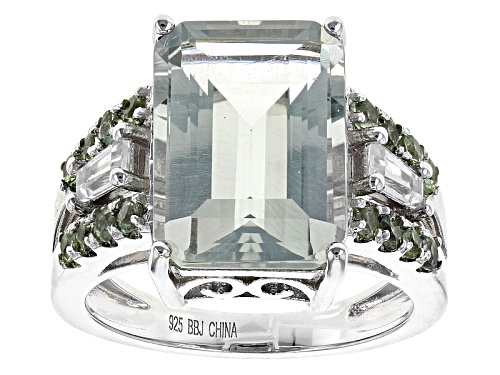 5.99ct Prasiolite with .58ctw Green Sapphire & .42ctw White Zircon Rhodium Over Sterling Silver Ring - Size 11